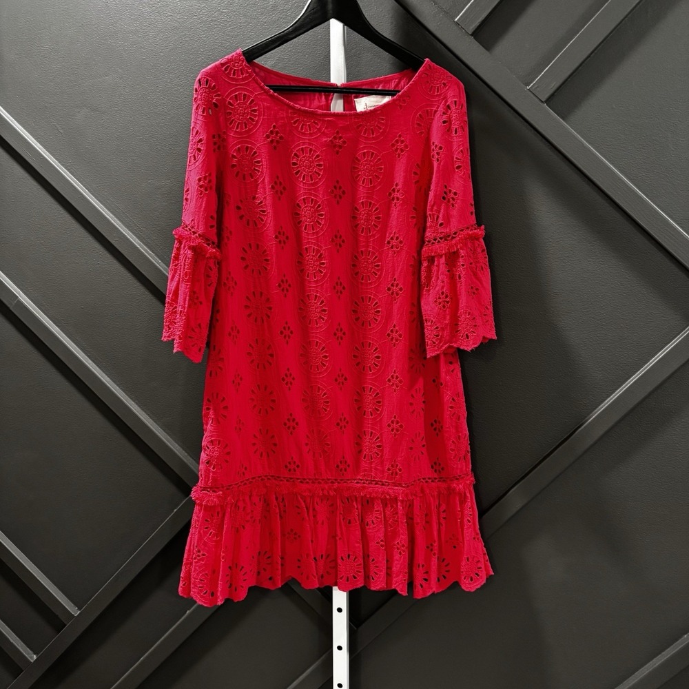 Anthropologie Eyelet Lace Shift Dress Size 0 Pink Red Bell Sleeve Ruffle
